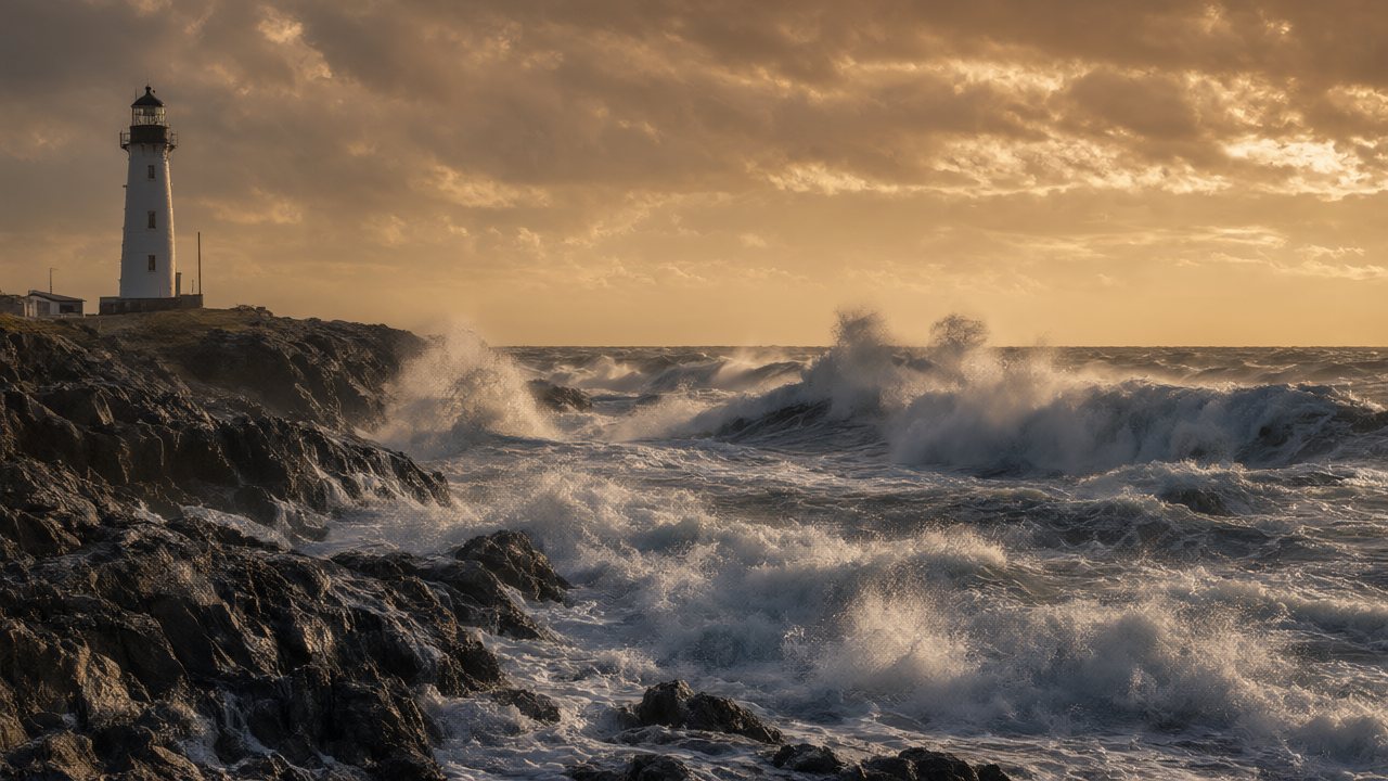 Lighthouse on cliffs in a storm at golden hour