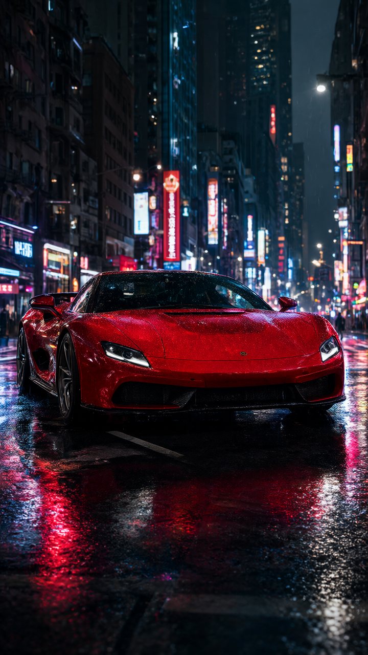 Red sports car in a rain-soaked neon city at night